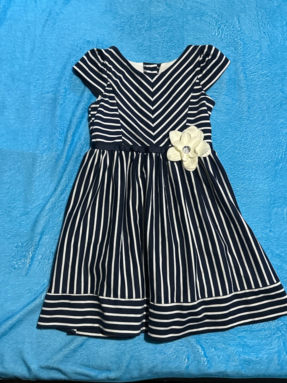 6X girls- Sweet Heart Rose Navy and White Striped Floral Waist Dress